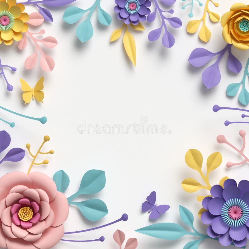 3d render square floral frame, copy space. Abstract cut paper flowers isolated on white, botanical background. Rose, daisy, dahlia