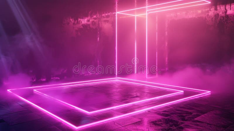 3D render of a square geometric shape projected onto a neon light abstract background. vector illustration