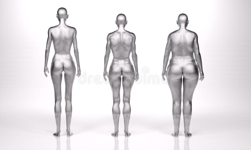 3D Rendering : standing male body type illustration : ectomorph (skinny type),  mesomorph (muscular type), endomorph (heavy weight type),Front View Stock  Illustration