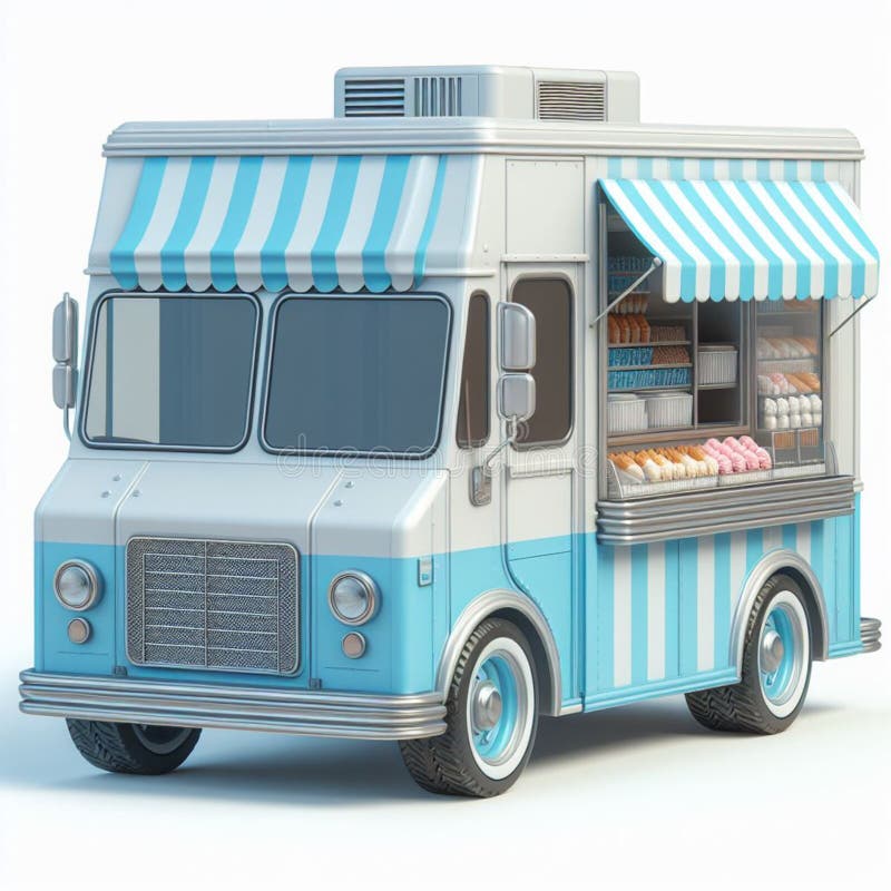 3d Render of a Stripped Light Blue Food Truck Stock Illustration ...