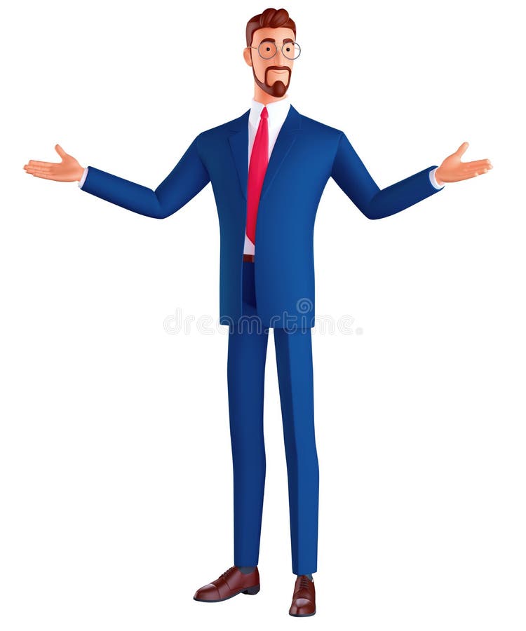 3d Render Successful Smiling Businessman, a Professional Seller Cartoon  Character with Open Arms As a Friendly Welcome Stock Illustration -  Illustration of point, gesture: 245704502