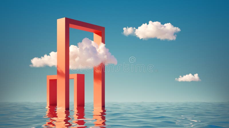 3d render, surreal seascape with white clouds going into the red square portals. Modern minimal abstract background with simple vector illustration