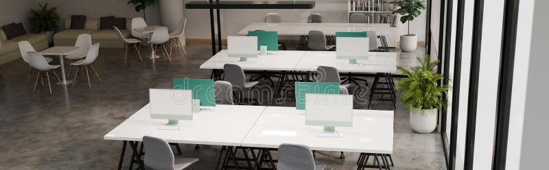 3d render top view modern white open space office interior and computer royalty free illustration