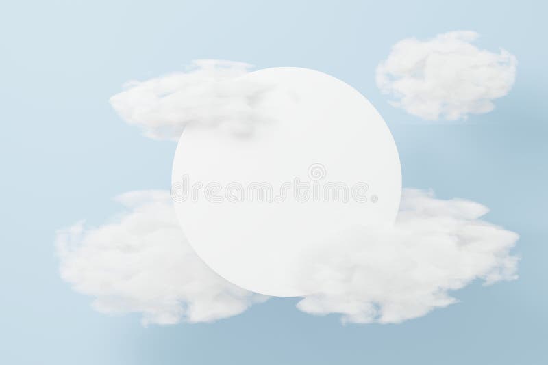 3d render top view of white blank cylinder frame for mock up and display products with dreamy land and clouds background. Creative stock illustration