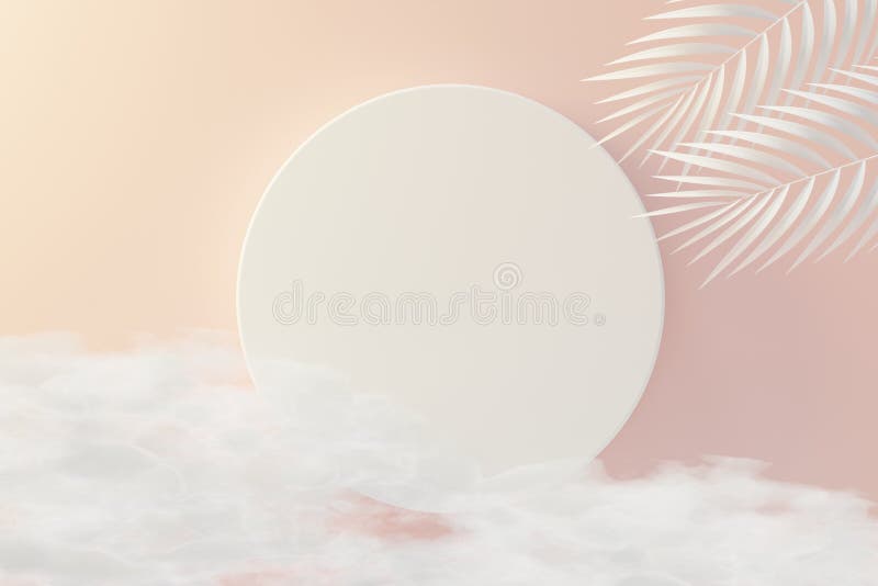 3d render top view of white blank cylinder frame for mock up and display products with palm leaves and clouds background. Creative stock illustration