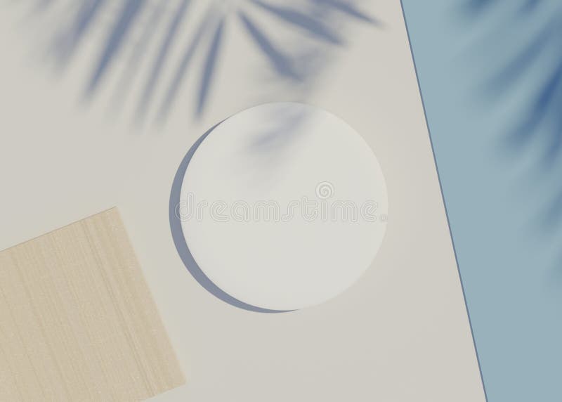 3d render top view of white blank cylinder frame for mock up and display products with shadows of palm leaves and white blue stock illustration
