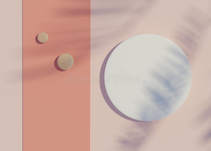 3d render top view of white blank cylinder frame for mock up and display products with shadows of palm leaves and white blue stock illustration