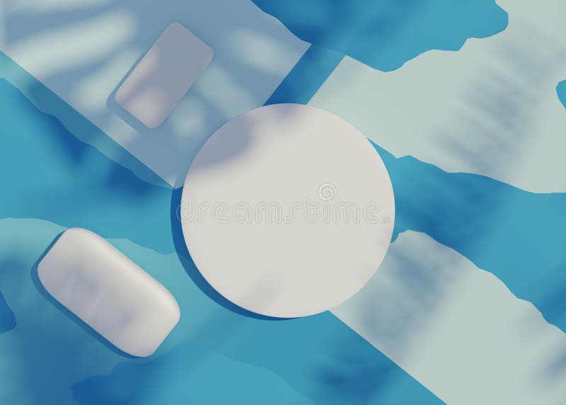 3d render top view of white blank cylinder frame for mock up and display products with shadows of palm leaves and white blue vector illustration