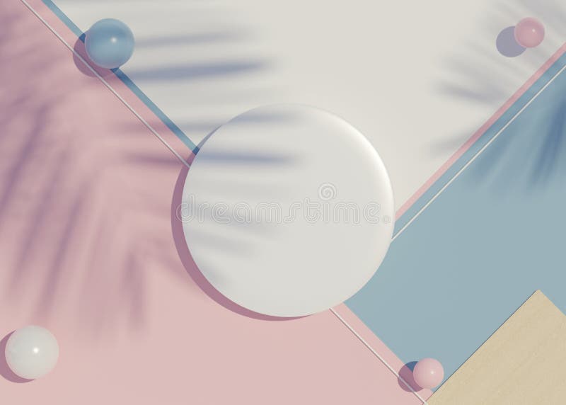 3d render top view of white blank cylinder frame for mock up and display products with shadows of palm leaves and white blue stock illustration