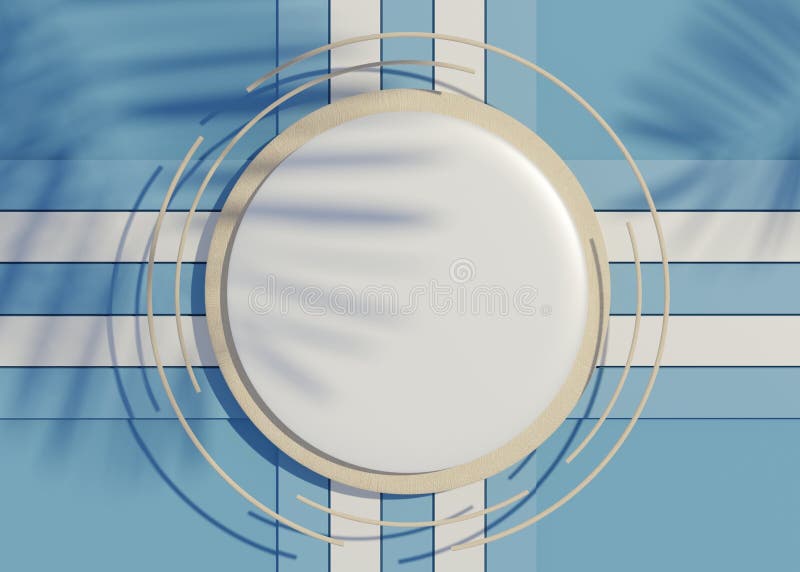 3d render top view of white blank cylinder frame for mock up and display products with shadows of palm leaves and white blue vector illustration