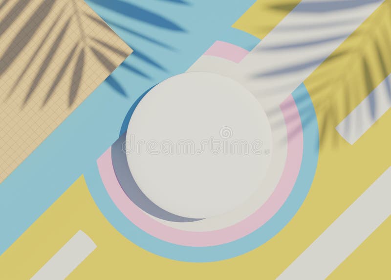 3d render top view of white blank cylinder frame for mock up and display products with shadows of palm leaves and white blue vector illustration