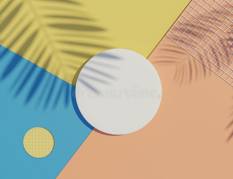 3d render top view of white blank cylinder frame for mock up and display products with shadows of palm leaves and white blue stock illustration