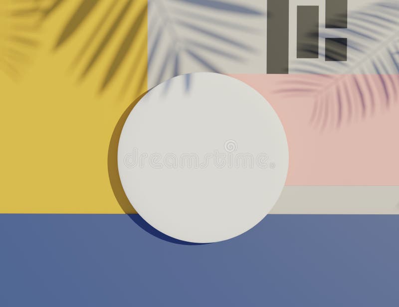 3d render top view of white blank cylinder frame for mock up and display products with shadows of palm leaves and white blue royalty free illustration
