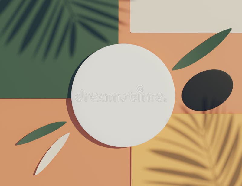 3d render top view of white blank cylinder frame for mock up and display products with shadows of palm leaves and white blue vector illustration