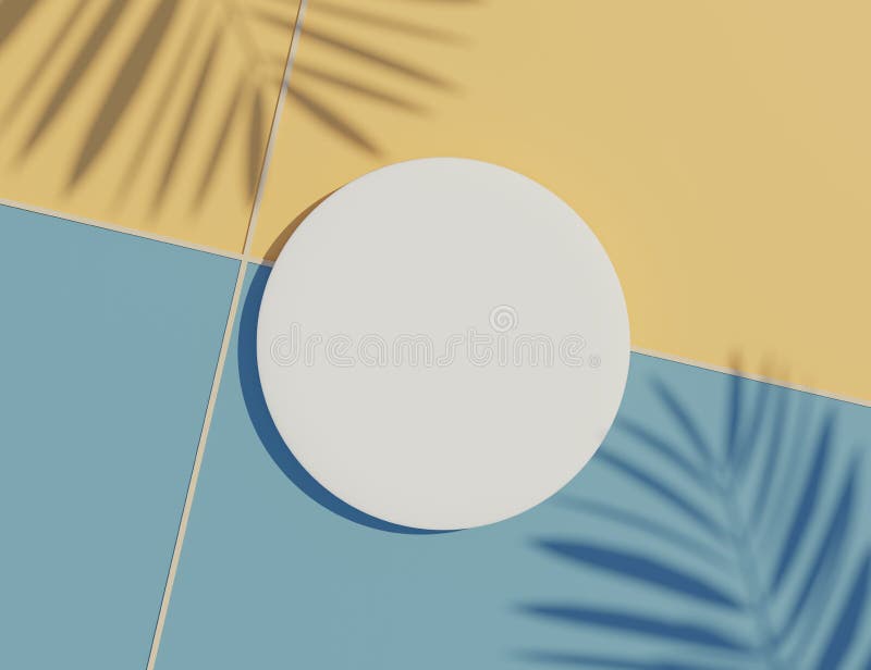 3d render top view of white blank cylinder frame for mock up and display products with shadows of palm leaves and white blue stock illustration