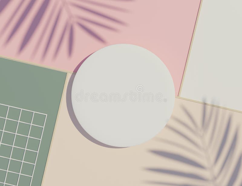 3d render top view of white blank cylinder frame for mock up and display products with shadows of palm leaves and white blue royalty free illustration
