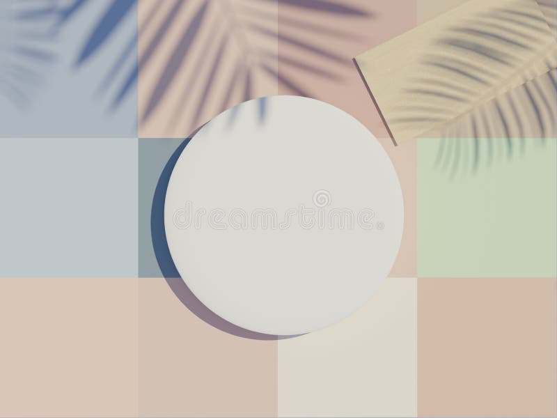 3d render top view of white blank cylinder frame for mock up and display products with shadows of palm leaves and white blue royalty free illustration