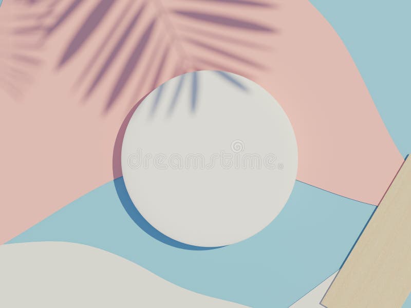 3d render top view of white blank cylinder frame for mock up and display products with shadows of palm leaves and earth tone vector illustration