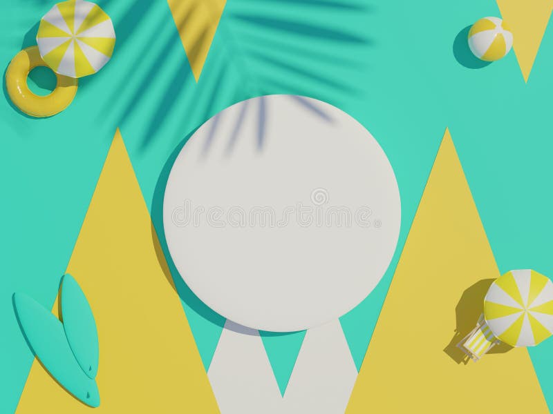 3d render top view of white blank cylinder frame for mock up and display products with shadows of palm leaves with summer stock illustration