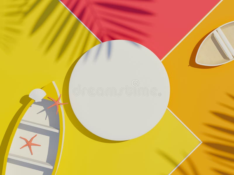 3d render top view of white blank cylinder frame for mock up and display products with shadows of palm leaves with summer stock illustration