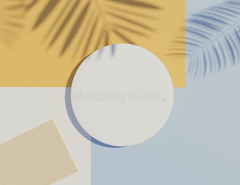 3d render top view of white blank cylinder frame for mock up and display products with shadows of palm leaves and white blue stock illustration