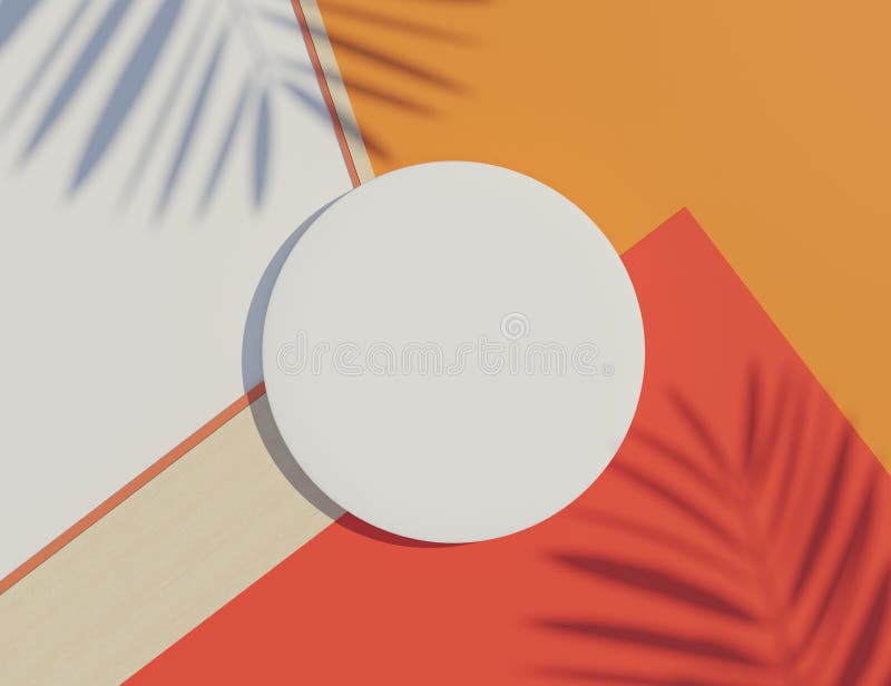 3d render top view of white blank cylinder frame for mock up and display products with shadows of palm leaves and white blue stock illustration