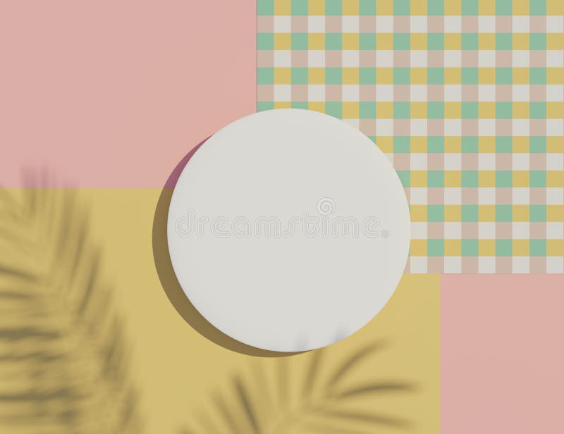 3d render top view of white blank cylinder frame for mock up and display products with shadows of palm leaves and white blue vector illustration