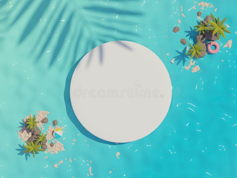 3d render top view of white blank cylinder frame for mock up and display products with summer beach scene and shadow of palm vector illustration