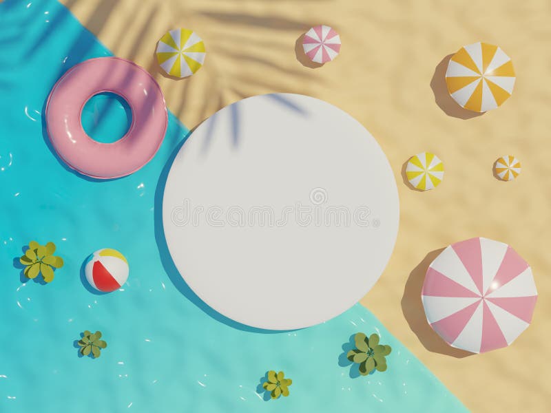 3d render top view of white blank cylinder frame for mock up and display products with summer beach scene and shadow of palm stock illustration