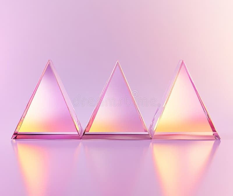 A 3D render of transparent triangular acrylic panels showcases a rainbow light refraction effect, similar to a prism or stock illustration