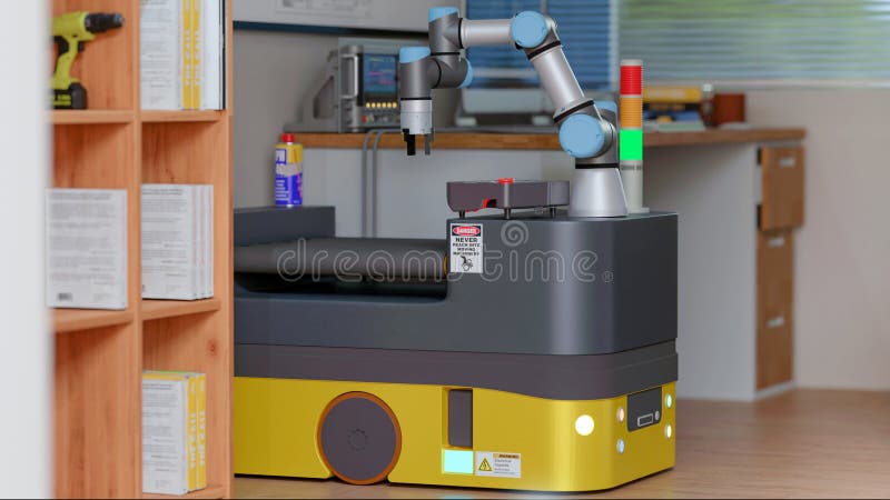 3D-computer Afbeelding genereren : COBOT en AGV in LAB. 3D-rendering : Bekijk hoe robotengineers desktop AGV geautomatiseerd bestuurd voertuig met Cobot collaborative robot geprogrammeerd wordt in LAB
