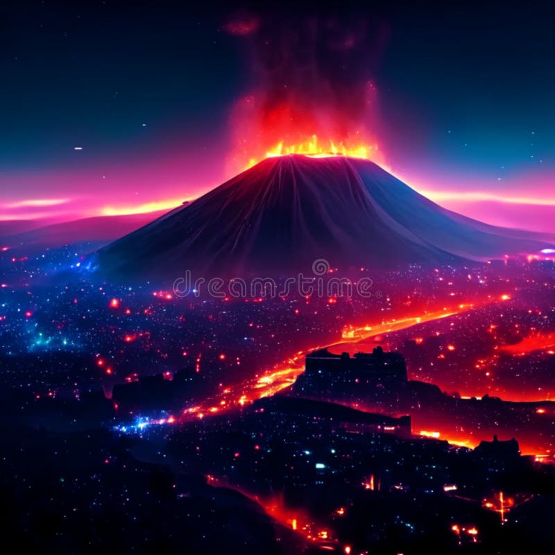 D Render of Volcano Eruption at Night. Generative AI Stock Illustration