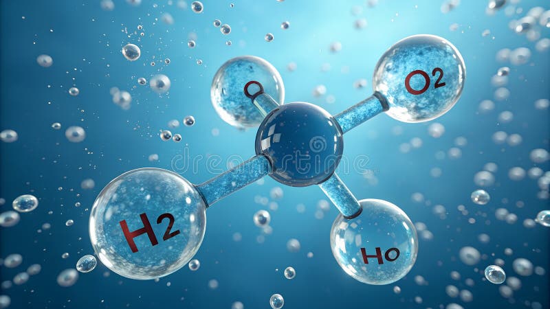 A 3D render of a water molecule (H2O) floating in a blue, bubbly liquid. The central oxygen atom is larger and blue, connected to two smaller hydrogen atoms, each labeled with red text "H2" and "Ho". The spheres are translucent, showing reflections and internal textures. Small bubbles of various sizes are scattered around the molecule. Oxygen molecule blue illustrations