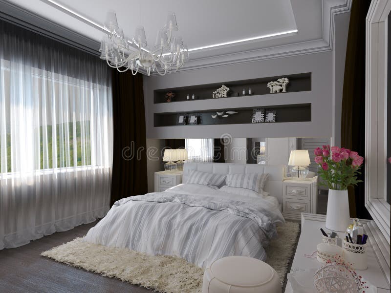 3D Render of a White Bedroom in Classical Style Stock Illustration ...