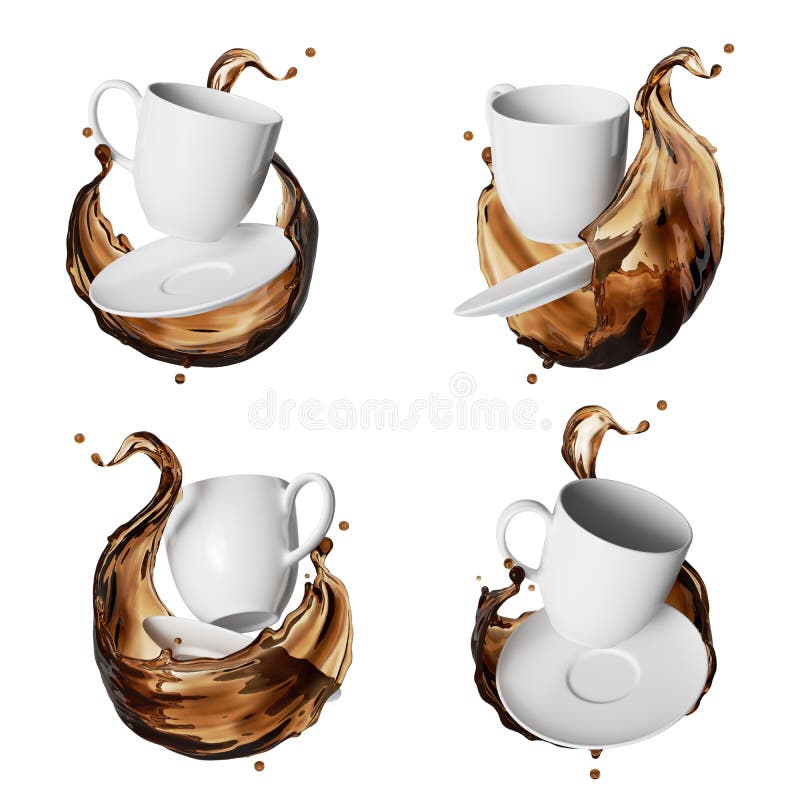 3d render, white ceramic saucer and cup for hot drink with brown splash isolated on white background, tea or coffee liquid wave.