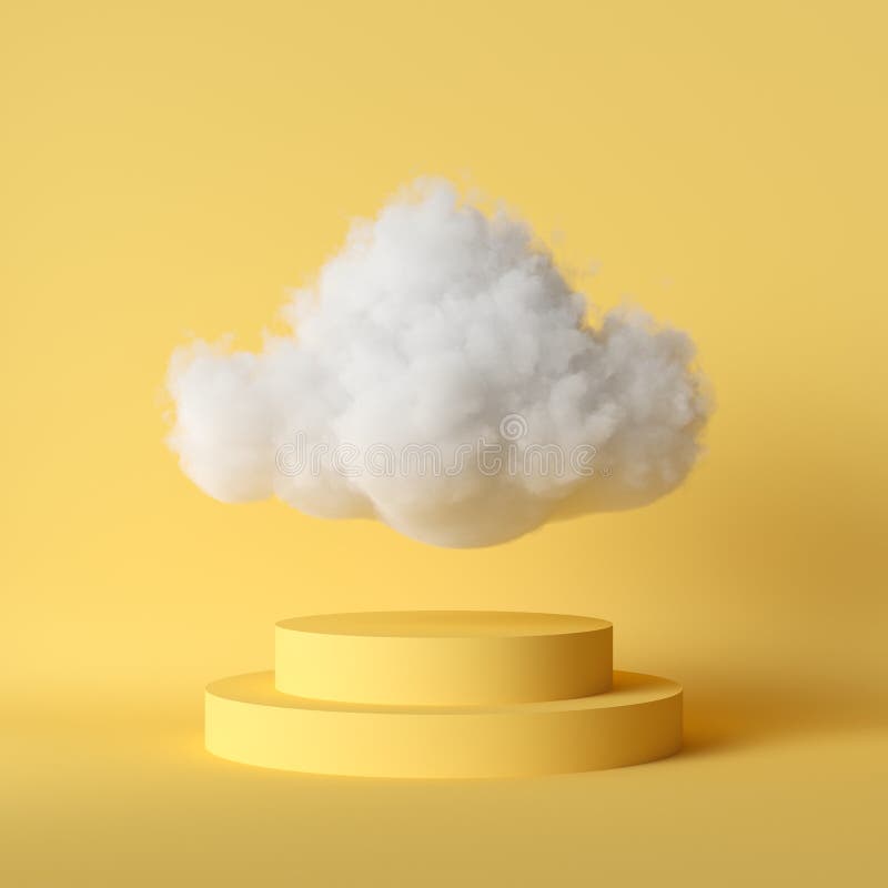 3d render, white fluffy cloud flying above the cylinder pedestal, stairs, steps, round podium, minimal room interior. stock illustration