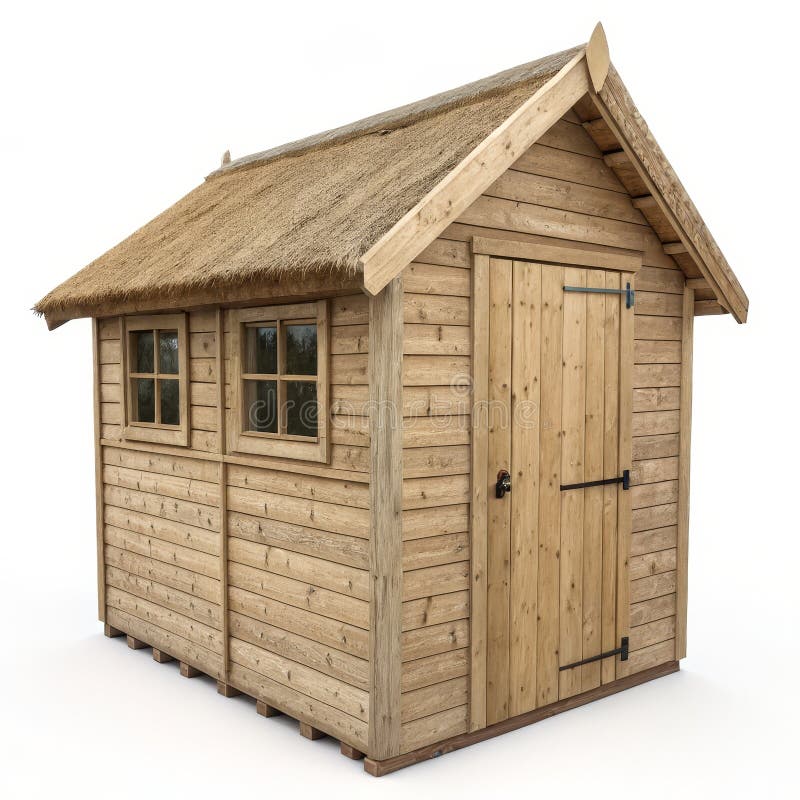 3D Render Wooden Shed med Thatched Roof isolerat på vit Background Shed Garden Storage stock illustrationer