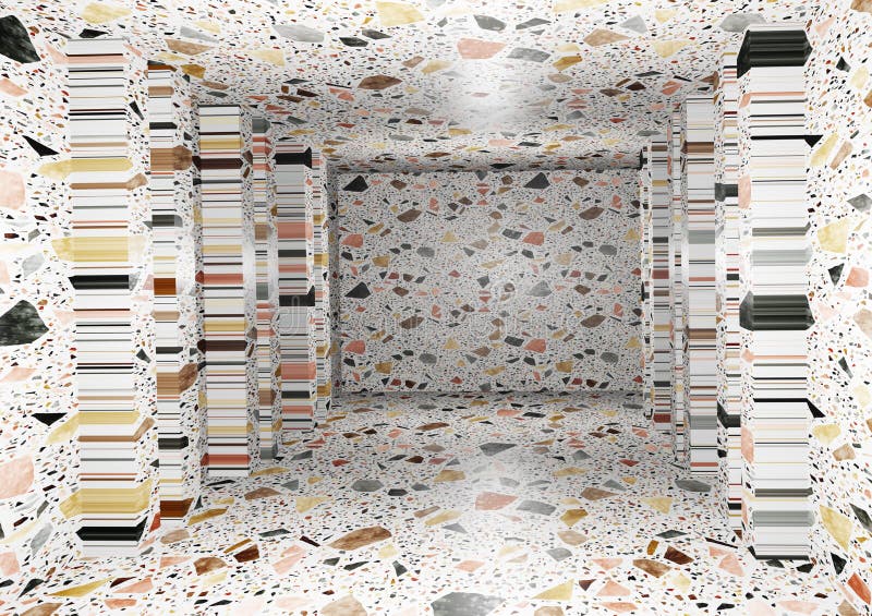 3d rendera abstrakt, färglös marmorkorridor med minimal inre bakgrund. tunneln med golv. geometriskt skrivbordsunderlägg vektor illustrationer
