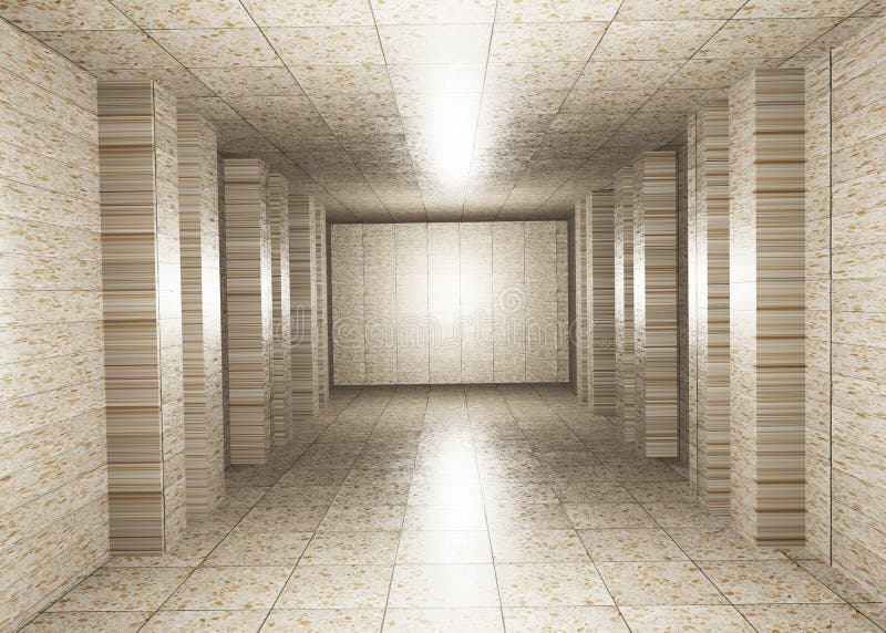 3d rendera en abstrakt beige marmorkorridor med minimal inre bakgrund. tunneln med golv. geometriskt skrivbordsunderlägg stock illustrationer