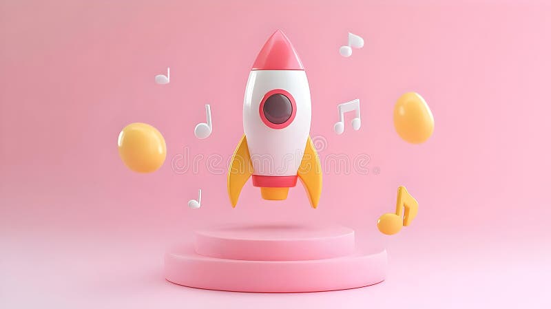 3D Rendera en vit och rosa Rocket på en rosa pedestal som är omgiven av musical Notes against Pink Background vektor illustrationer