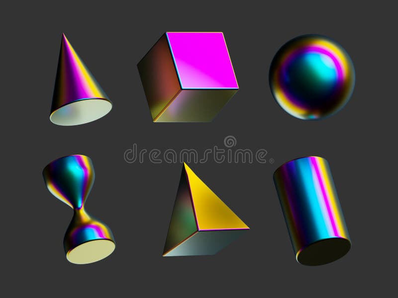 3d-rendera enkla iriserande geometriska former primitiva och abstrakta objekt. insamling av färgstarka metalliska konstruktionsdel royaltyfri illustrationer