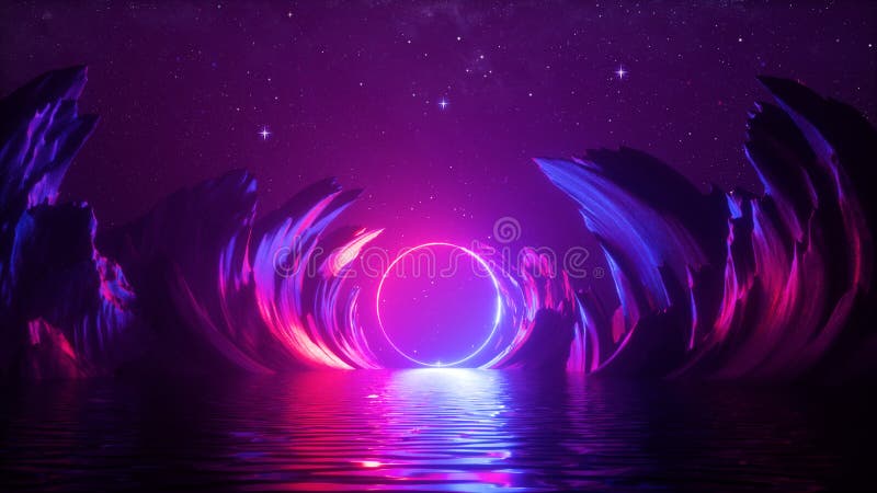 3d rendere uno sfondo di neon cosmico astratto con rocce di anello laser luminose sotto il cielo notturno di stella e riflesso nel