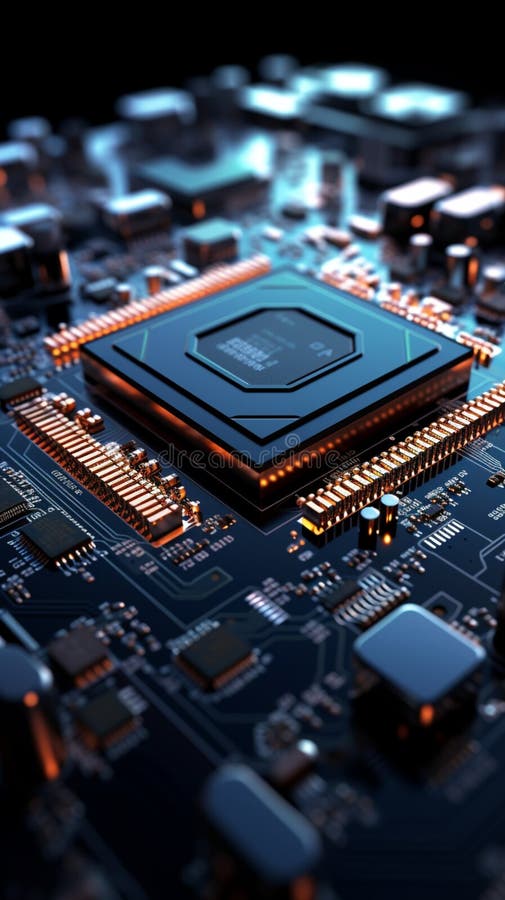 3D rendered electronic circuit board with advanced processor Close up royalty free illustration