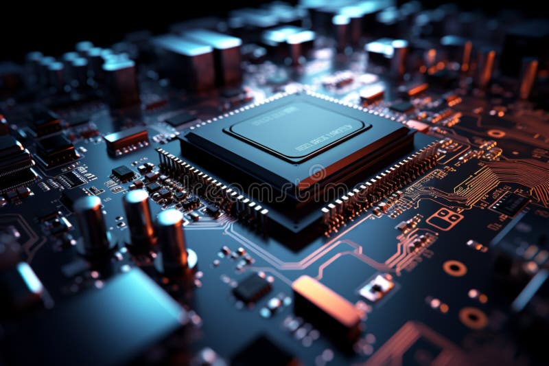 3D rendered electronic circuit board with advanced processor Close up stock illustration