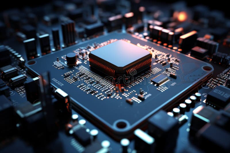 3D rendered electronic circuit board with advanced processor Close up vector illustration