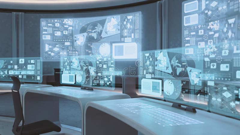 3d a redat interiorul centrului de comandă futurist modern și gol stock photography