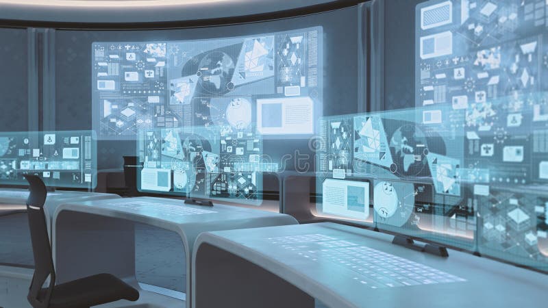 3D rendered empty, modern, futuristic command center interior