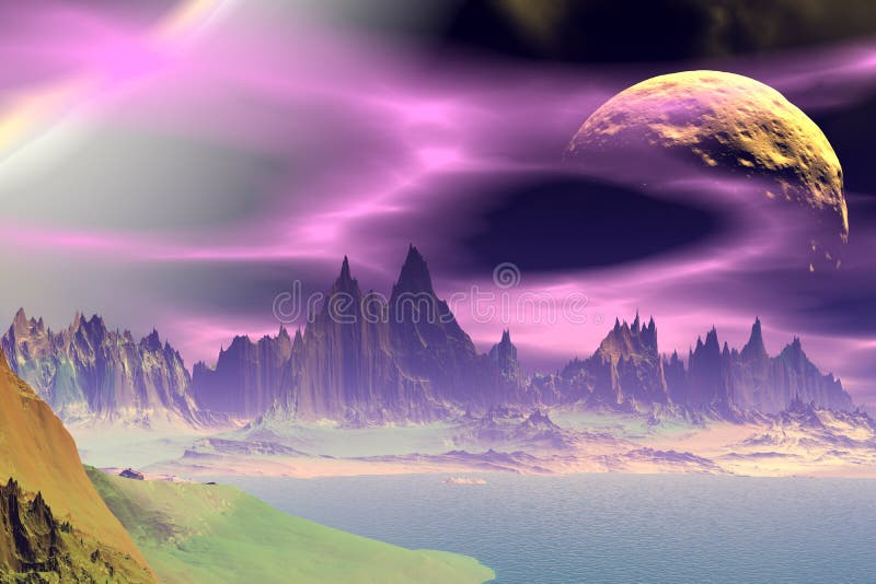 3D rendered fantasy alien planet. Rocks and moon