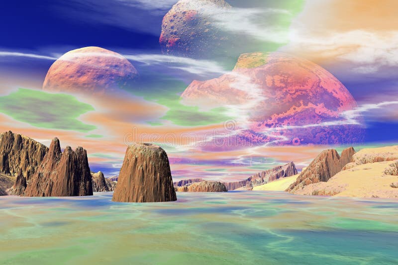 3D Rendered Fantasy Alien Planet. Rocks and Moon Stock Illustration ...