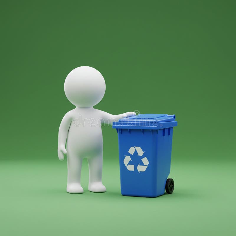 A 3D-rendered figure stands next to a blue recycling bin with a white recycling symbol vector illustration